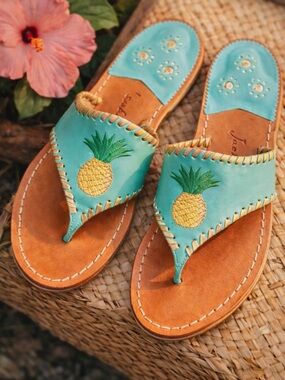 Jack Rogers Pineapple Leather Sandals Turquoise Gold Thong Flip Flops Sz 9